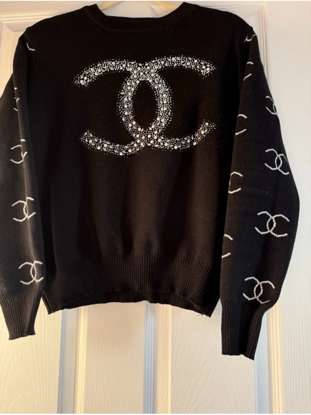 Black Crewneck Sweater with White Logo Accents